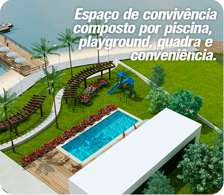 foto ilustrativa da área de convivência com piscina, quadra poliesportiva, playground e conveniência.